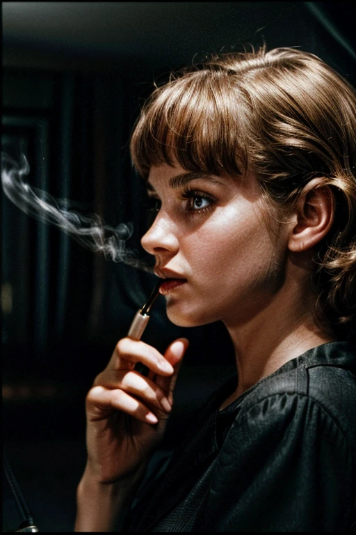 Hyperrealistic photo of sharp detail, a young girl smoking a cigarette in a dark room Cinematic Vintage Hollywood Film Style, Extremely high-resolution details, photographic, realism pushed to extreme, fine texture, incredibly lifelike