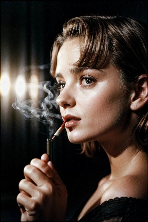 Hyperrealistic photo of sharp detail, a young girl smoking a cigarette in a dark room Cinematic Vintage Hollywood Film Style, Extremely high-resolution details, photographic, realism pushed to extreme, fine texture, incredibly lifelike