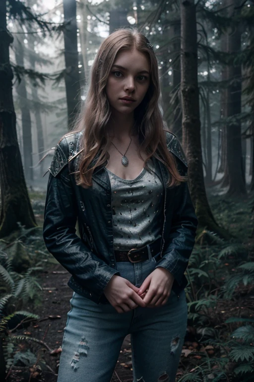 Galadriel Stineman, Gwen Tennyson Teen Wolf, 20 years old, long messy ginger hair, green eyes, dark blue blouse, white denim jacket with star print, dark blue jeans, black combat boots. silver pendant, white wolf print. Forest background with fog aura around black color.
