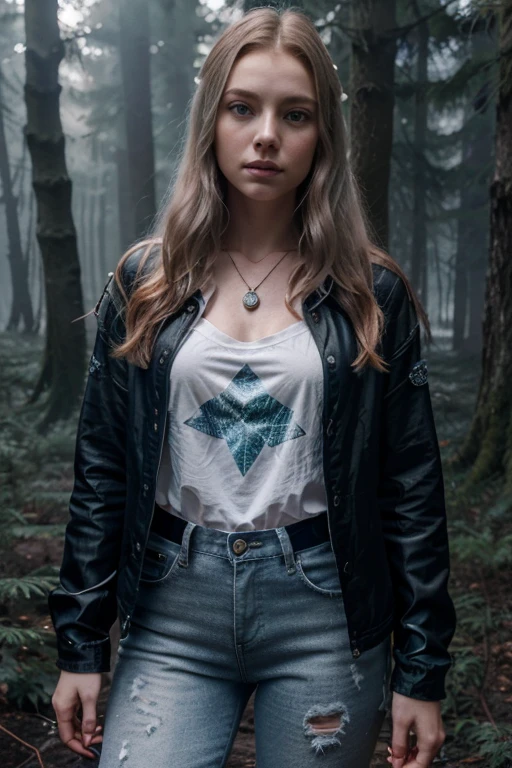 Galadriel Stineman, Gwen Tennyson Teen Wolf, 20 years old, long messy ginger hair, green eyes, dark blue blouse, white denim jacket with star print, dark blue jeans, black combat boots. silver pendant, white wolf print. Forest background with fog aura around black color.