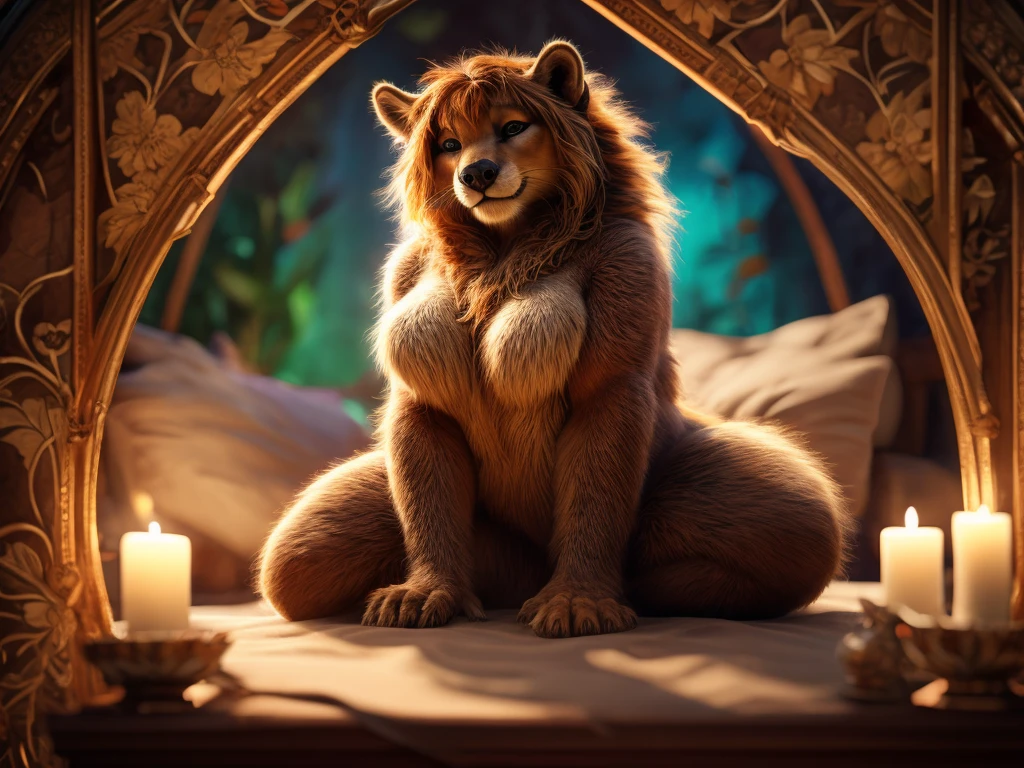 (Mucha style) , Bokeh , naked Photo session advertisement , Hallucination, Squirting milk from rectum , realistic hairy fur , curvy body female , in the bedroom , bold pose