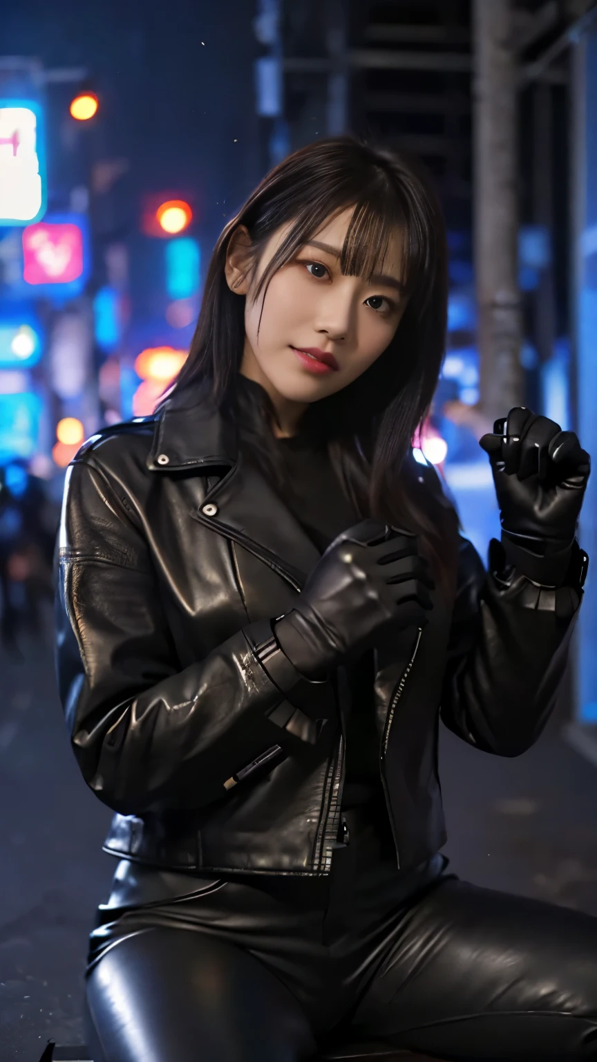 black leather rider jacket, Office in the Dark, Black leather gloved fingertips on both hands,Wearing black leather gloves,Sitting in a black leather chair、 Japanese female new recruits (Black leather gloves cover both hands) (The angle is horizontal)、Black Leather Pants,Black Leather Black Leather Pants,Black Leather Skinny Pants、Long black leather boots on both feet、Black Hair ((He wears black leather gloves on his hands))Full Body Photo,full body shot full body full body leather suit,☺If you turn in this direction。Wearing black leather gloves,Wearing black leather gloves,Wearing black leather gloves,Wearing black leather gloves,Wearing black leather gloves,Wearing black leather gloves,黒のレザーパンツが美しい😍黒のレザーパンツが美しい😍黒のレザーパンツが美しい,😍Smiling while looking at me,City lights、((Neon Cyberpunk City Street:1.3))、(Neon Light)、Detailed lighting、

Best image quality、Ultra-high resolution、(realism:1.4)、Korean Beauty Star、The most beautiful KPOP stars、face、Horny Korean Makeup、A body that makes you want to touch it、Realistic leather texture、Costume made of smooth leather fabric、The drape of the curved parts of the leather fabric、The costume is very shiny、Quality of the costume、8K Photo Quality
