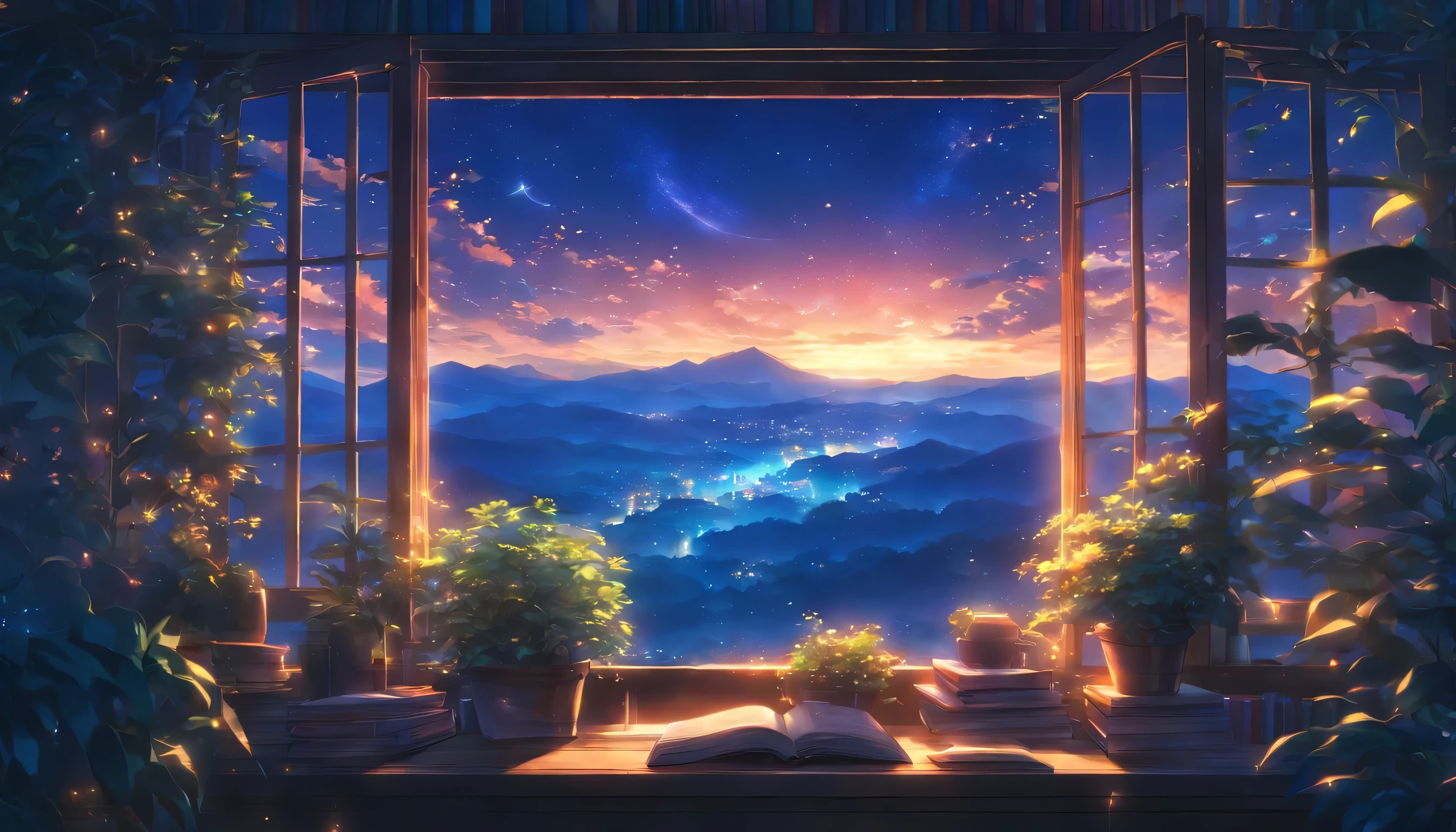 An up-close photo of a large window full of plants and books overlooks a breathtaking landscape and beautiful nature, night time