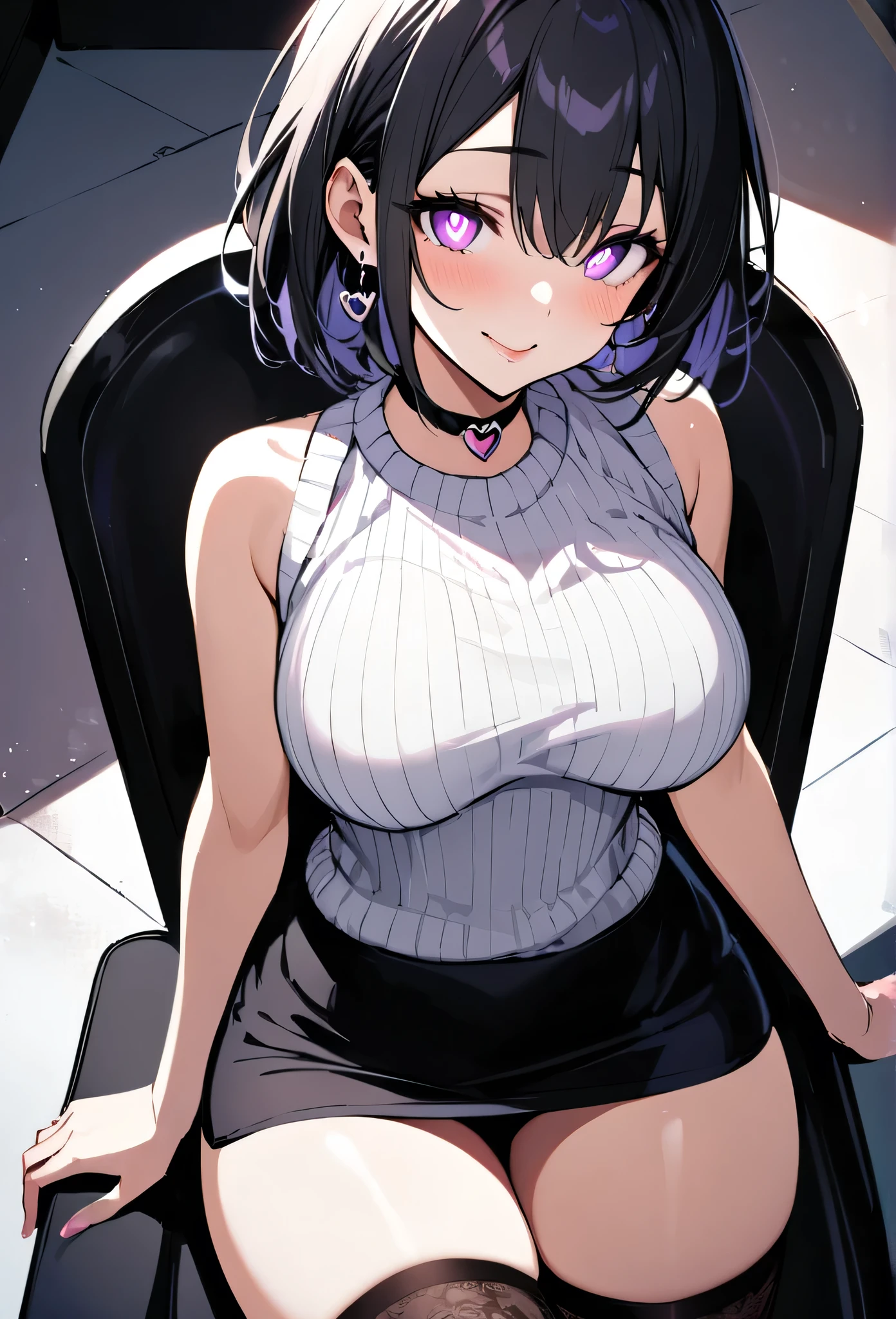 {lady with shoulder-length black hair named Rico}, business suits,tall,''short hair,lovestruck,grossy lips, (It feels like saying Hello, daytime hours), indoor,{going out style}, ((Heart-shaped choker) ), (office room), Bright background,purple eyes, Mole under the eye, Heart-shaped purpils, ((Masterpiece)), Highly detailed CG Unity 8k wallpaper), Top quality,, Detailed background, beautifully detailed eyes, heart shaped pupils,hollow eyes, looking at viewer,(very delicate and beautiful)), ((beautiful) eyes (detailed description),extra large breasts, ,floating heart,sadistic smile,growing eyes,try to show me legs,sitting on chair,black lace,shirts,earring,from ,stick out ass,tight skirt,thighhigh,put hands on skirt,glowing eyes,,garter,no sleeve,summer sweater,masterpiece,turtleneck