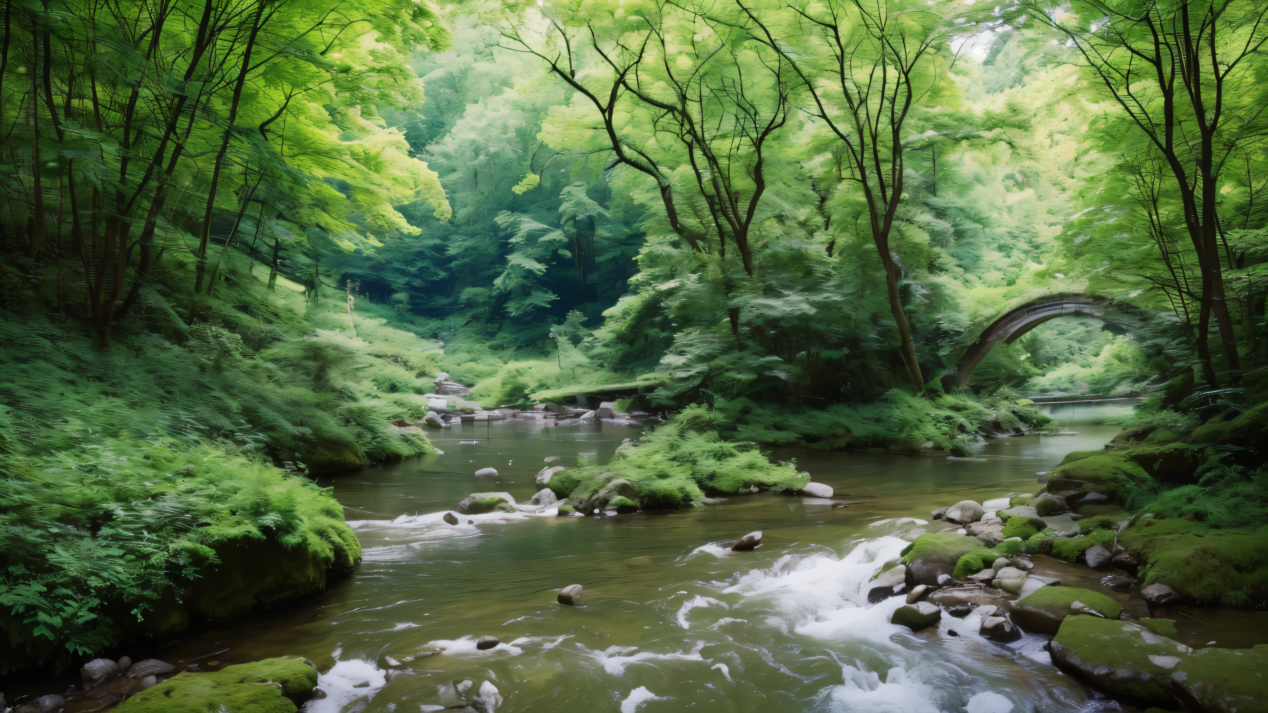 ((highest quality)), ((8k)), ((masterpiece:1.3)), (Perfect look), (Photorealism:1.6), (suspension bridge), (Deep and narrow valley: 1.2), (Fresh green tree々), (An angle looking up at the suspension bridge from below),