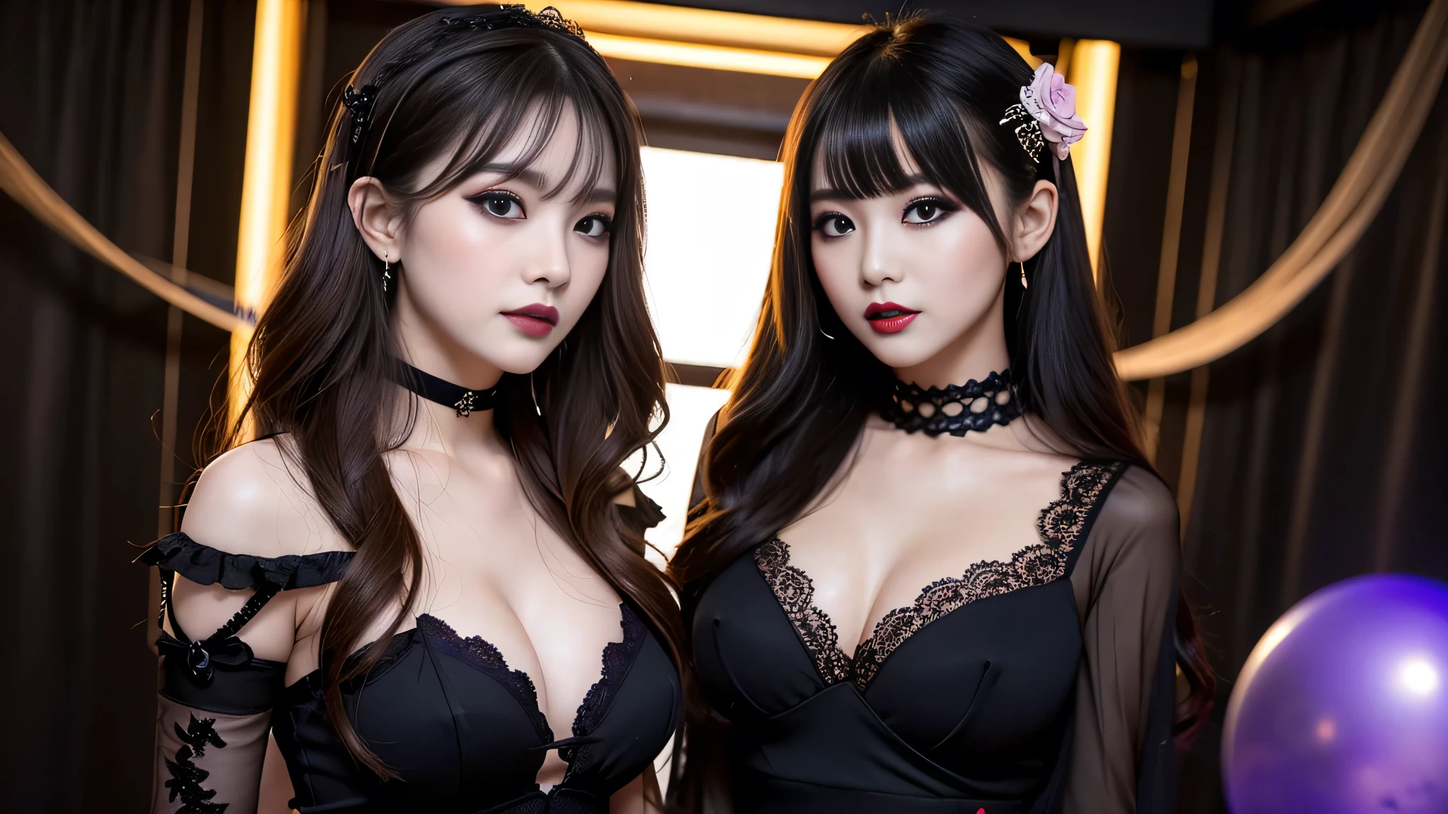 techno music, house music, dancing girls, DJ girl, realistic, high res, black lace up panties, bondage fashion, tattoos, piercing, brads, live music, class, large bare chest, looking into camera, smile, wide shot, cinema lens, skin glow