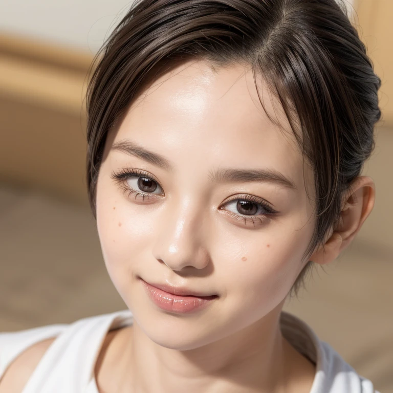 1 girl、Japan 10-year-old、(Close-up of face from above、Small breasts、:1.4) 、(forward leaning posture:1.2)、(Pixie Cut、Showing his forehead:1.4)、Beautiful face exposed、Watching the audience、Smiling、Plain blue bikini、非常にDetailed eyesと顔, Detailed nose, Detailed eyes, Shiny skin, masterpiece, Ultra-high resolution, 8k, RAW Photo, highest quality, Detailed Shadows, wonderful, Fine details, (Bokeh: 0.5), Beautiful lighting on the face, blue sky