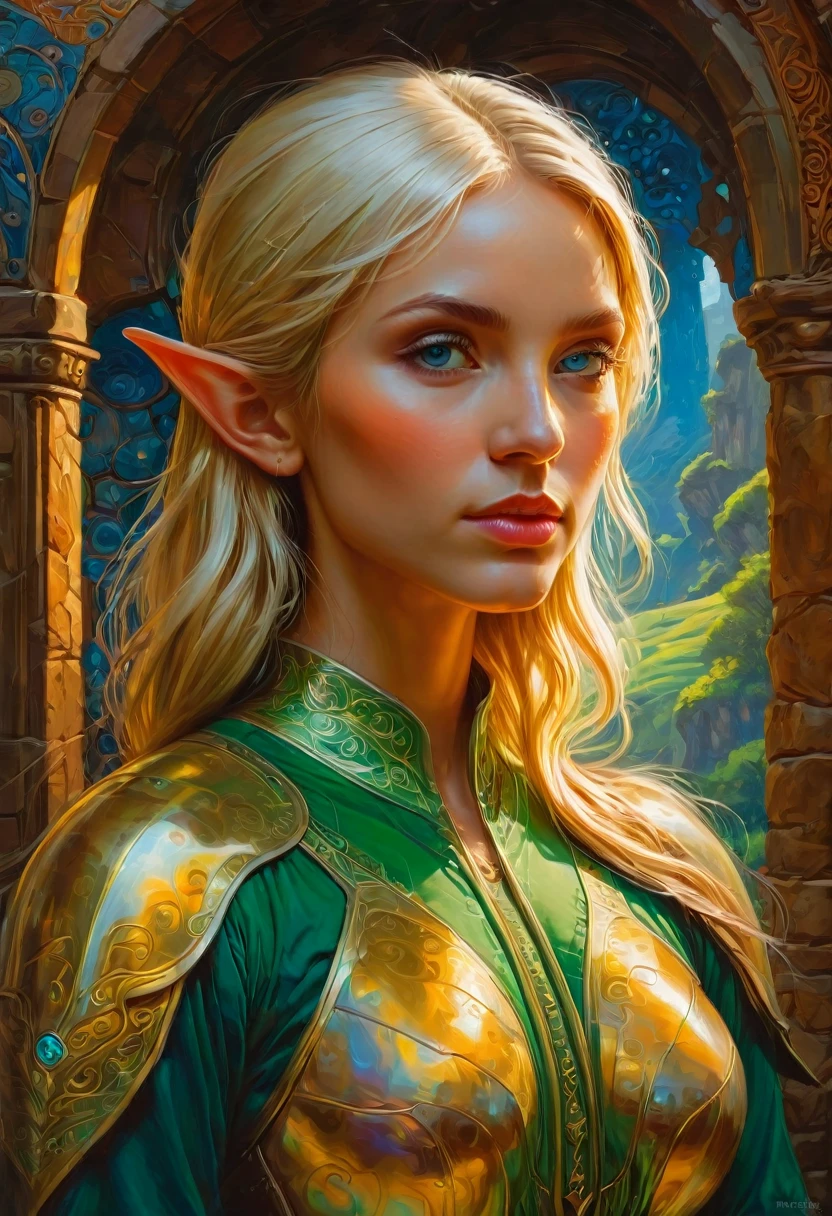 (Elf, Pointed Ears:1.4), detailed background, by rhads, best quality, masterpiece, very aesthetic, perfect composition, intricate details, ultra-detailed