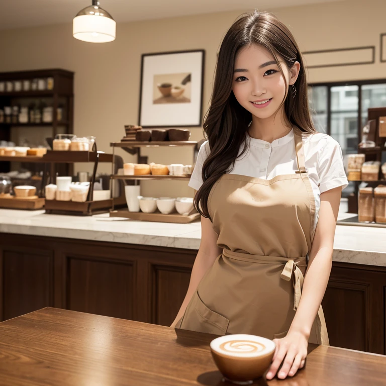 (highest quality、Tabletop、8k、Best image quality、Award-winning works)、Woman working in a café、(The perfect brown apron:1.1)、(The perfect brown apron:1.1)、(Standing elegantly with a blurred cafe entrance in the background:1.3)、(A classy shirt and apron:1.1)、(Big Breasts:1.1)、(Accentuate your body lines:1.1)、Beautiful woman portrait、The most elegant and cozy cafe、The most natural cafe, Perfectly organized、The most atmospheric and warm lighting、Stylish and elegant cafe、Strongly blurred background、Look at me and smile、(Accurate anatomy:1.2)、Ultra high resolution perfect beautiful teeth、Ultra-high definition beauty face、Ultra HD Hair、Ultra HD The Shining Eyes、The Shining, Super high quality beautiful skin、Super high quality glossy lip、No bra、No panties