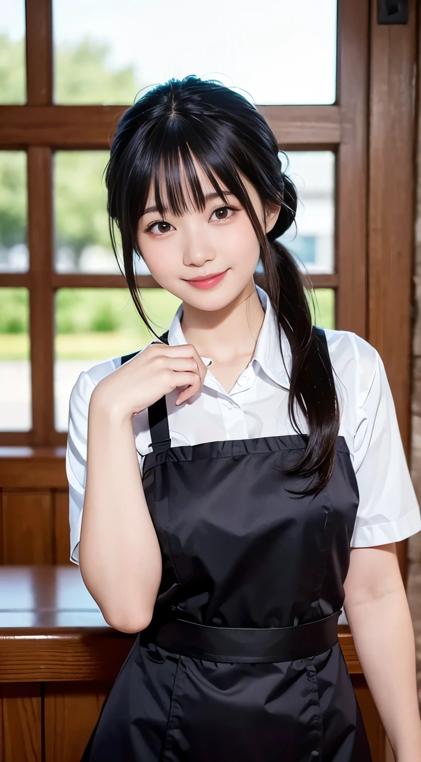 (highest quality,masterpiece:1.3,Ultra-high resolution,),(Very detailed,Caustics),(Realistic:1.4,RAW shooting,)Ultra-Realistic Capture,Very detailed,High resolution 16K human skin closeup。 Natural skin texture、,pores、、、、It must be detailed enough to be easily identifiable。 Skin tone is even and healthy looking。 Use natural light and color,restaurant,Waitress Uniform,1 girl,Japanese,18-year-old,cute,Black-haired,ponytail,Big Breasts,smile,Turn your body forward,(Front view:1.1),Looking into the camera,Cowboy Shot,
