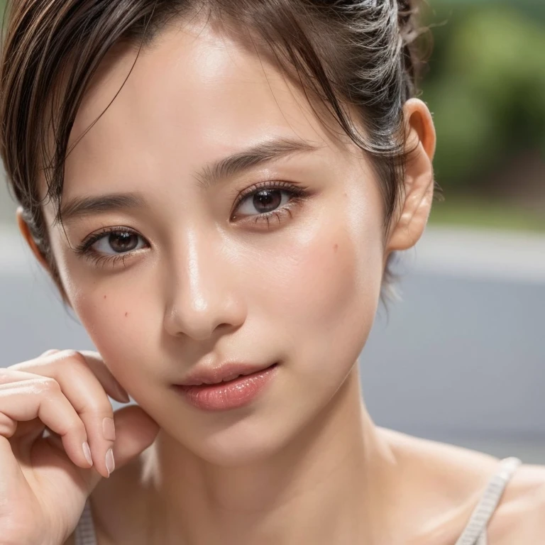 1 girl、Japan 10-year-old、(Close-up photo of face from bottom front、Small breasts:1.4) 、(forward leaning posture:1.2)、(Pixie Cut、Showing his forehead:1.4)、Beautiful face exposed、Watching the audience、Smiling、Plain blue bikini、非常にDetailed eyesと顔, Detailed nose, Detailed eyes, Shiny skin, masterpiece, Ultra-high resolution, 8k, RAW Photo, highest quality, Detailed Shadows, wonderful, Fine details, (Bokeh: 0.5), Beautiful lighting on the face, blue sky