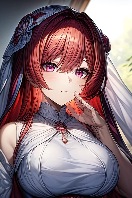 (masterpiece, best quality, perfect face, expressive eyes), 1girl, (anime), (adult), red hair, pink eyes, empress clothes, white veil, white dress,