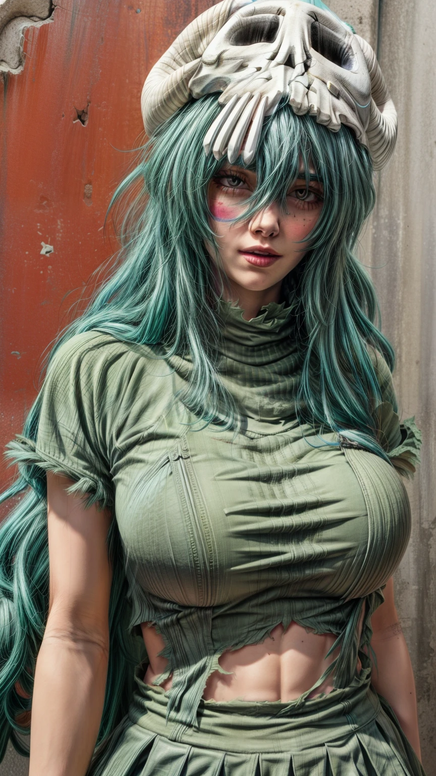 (masterpiece, highest quality), Intricate details, Odelschwanck, Green Hair, skull, Torn clothes, Underbust, skirt, Fantasy 00d,