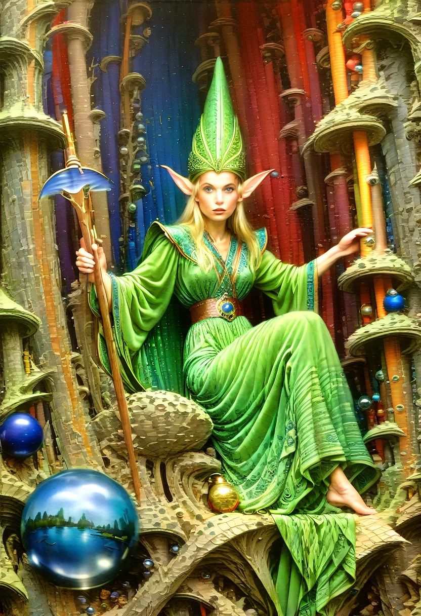 (Elf, Pointed Ears:1.4), detailed background, by Sybil Andrews and Bob Eggleton, best quality, masterpiece, very aesthetic, perfect composition, intricate details, ultra-detailed