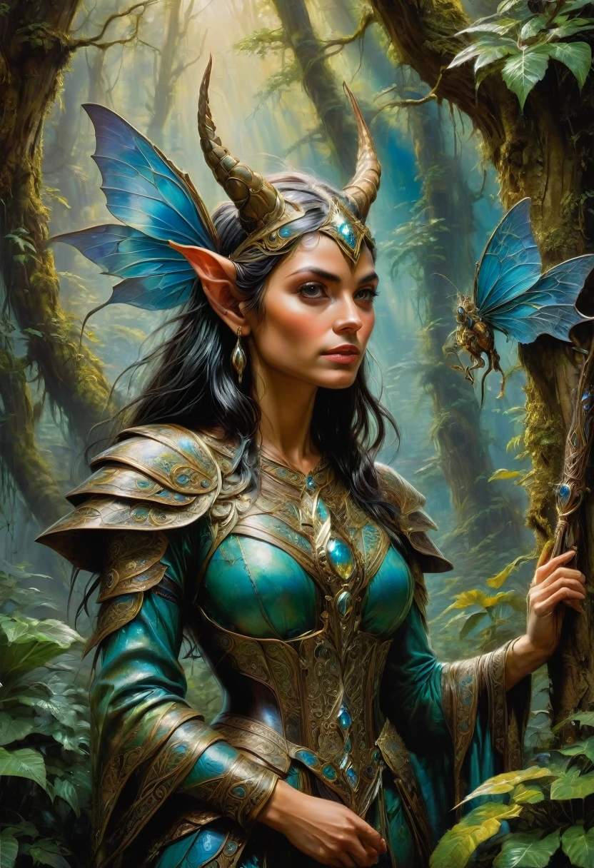(Elf, Pointed Ears:1.4), detailed background, by Sybil Andrews and Bob Eggleton, best quality, masterpiece, very aesthetic, perfect composition, intricate details, ultra-detailed