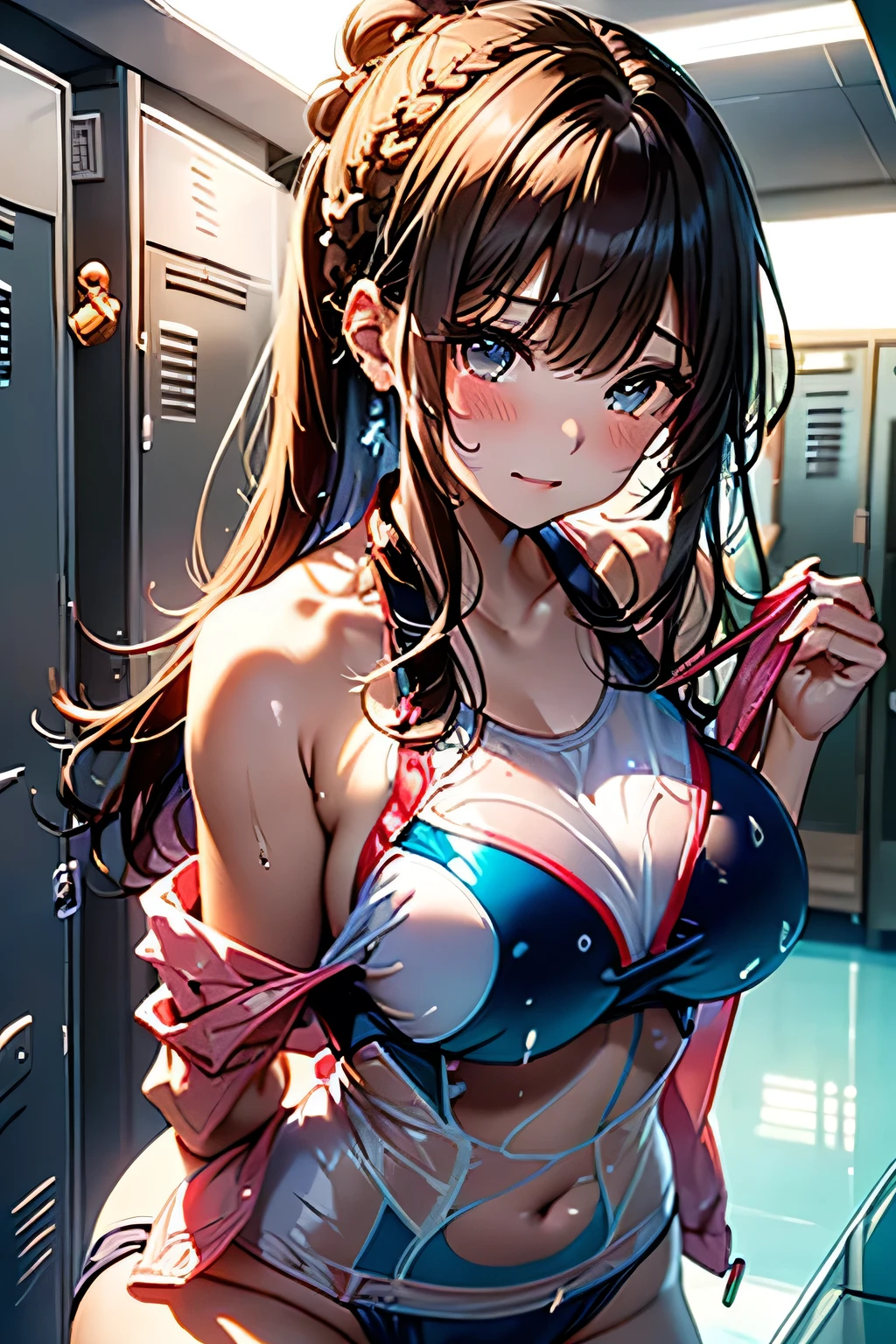 (((locker room:1.3))),(((Sports towel))), (((Changing room 1.3))),(((Uniforms hanging on hangers:1.3))),((Swimsuit change:1.7)),(((Floral Bikini Swimsuit))),Cute Face,Extreme close up of face,Crying face,tears,Cute Face(Silver Hair,Floral knit headband,Half Up、Floral braided space buns,Voluminous fishtail braid,Twisted pan,),(The bangs are see-through),hairpin,hair ornaments,Blushing、Pointed red mouth、Perfect round face,iris,(Perfect body curves),Big Breasts.Wet Hair、Wet swimsuit、Wet Skin、Professional Lighting,Cinematic Light,(Tabletop,highest quality,Ultra-high resolution output images,) ,(8K quality),(Picture Mode Ultra HD),
