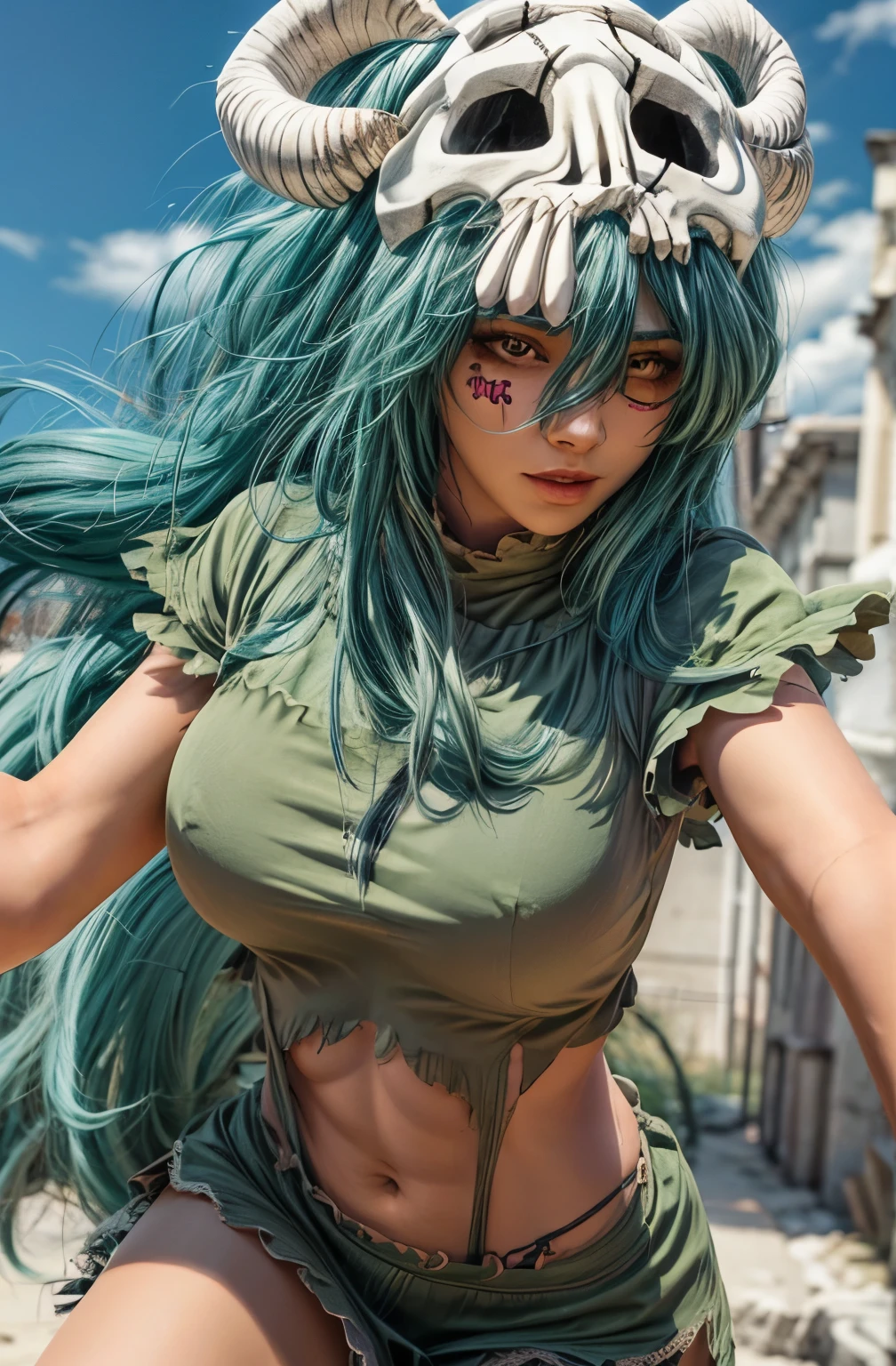 Detailed emerald green hair，Detailed brown eyes，Detailed face，Skull on head，High resolution，32k，fighting expression