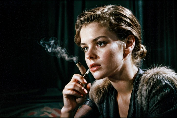 Hyperrealistic photo of sharp detail, a young girl smoking a cigarette in a dark room Cinematic Vintage Hollywood Film Style, Extremely high-resolution details, photographic, realism pushed to extreme, fine texture, incredibly lifelike