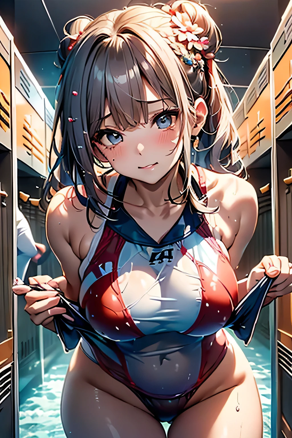 (((locker room:1.3))),(((Sports towel))), (((Changing room 1.3))),(((Uniforms hanging on hangers:1.3))),((Swimsuit change:1.7)),(((Floral Bikini Swimsuit))),Cute Face,Extreme close up of face,Crying face,tears,Cute Face(Silver Hair,Floral knit headband,Half Up、Floral braided space buns,Voluminous fishtail braid,Twisted pan,),(The bangs are see-through),hairpin,hair ornaments,Blushing、Pointed red mouth、Perfect round face,iris,(Perfect body curves),Big Breasts.Wet Hair、Wet swimsuit、Wet Skin、Professional Lighting,Cinematic Light,(Tabletop,highest quality,Ultra-high resolution output images,) ,(8K quality),(Picture Mode Ultra HD),
