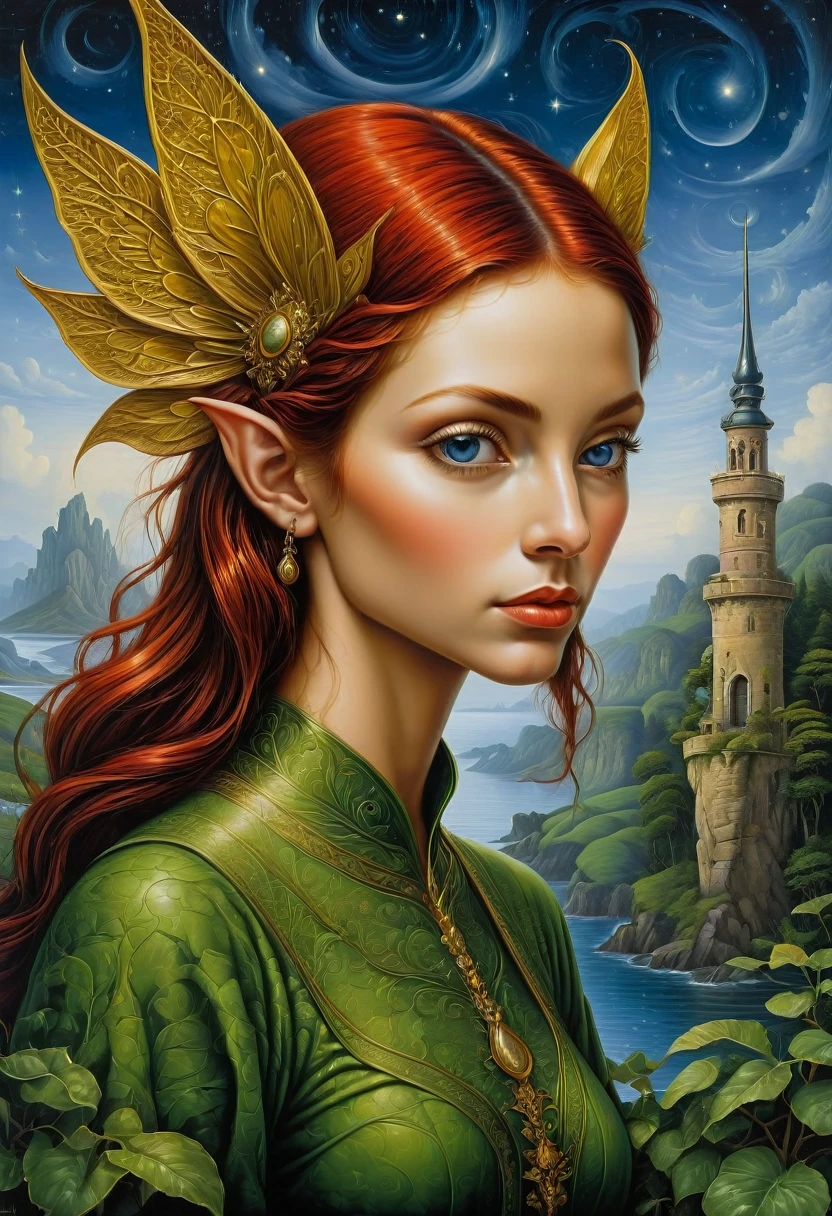 (Elf, Pointed Ears:1.4), detailed background, by Rafal Olbinski, best quality, masterpiece, very aesthetic, perfect composition, intricate details, ultra-detailed