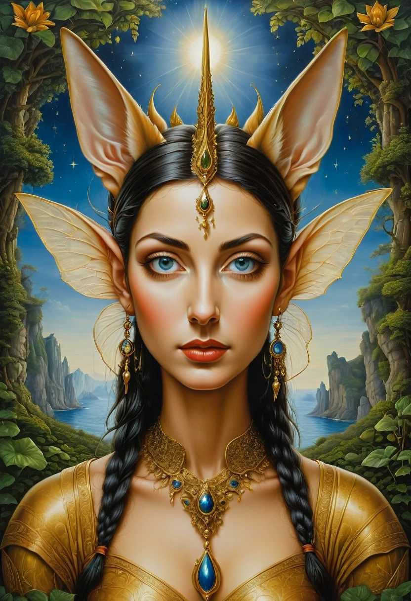 (Elf, Pointed Ears:1.4), detailed background, by Rafal Olbinski, best quality, masterpiece, very aesthetic, perfect composition, intricate details, ultra-detailed