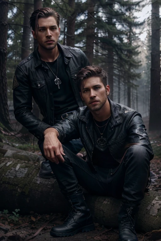 Halwyn, Casey Deidrick, Teen Wolf, 30 years old, short messy blonde brown hair, brown eyes, dark blue t-shirt, dark black jean jacket with police print, dark black jean pants, black combat boots. silver pendant, white wolf print. Forest background with fog aura around black color.