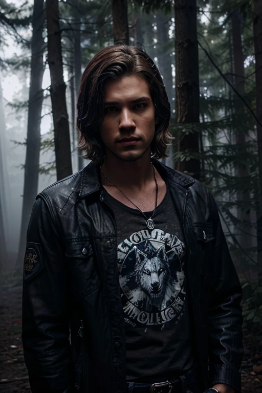 Halwyn, Casey Deidrick, Teen Wolf, 30 years old, short messy blonde brown hair, brown eyes, dark blue t-shirt, dark black jean jacket with police print, dark black jean pants, black combat boots. silver pendant, white wolf print. Forest background with fog aura around black color.