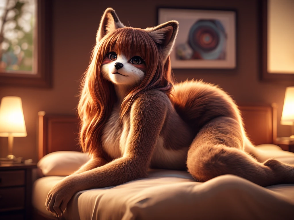 (kawaii anime style) , Bokeh , naked Photo session advertisement , Hallucination, daydream , realistic hairy fur , curvy body female , in the bedroom , bold pose