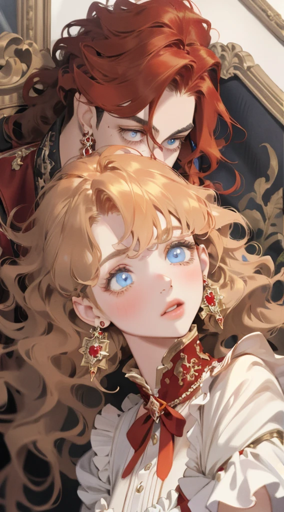 one-girl,Vivid eyes,golden hair,Wavy curly hair,Red pop dress,conservativelydressed,Red earrings,beautiful hair ornaments,𝓡𝓸𝓶𝓪𝓷𝓽𝓲𝓬,ellegance,young,Pop,Hyper-Resolution,accuracy,detail render,(Delicate facial portrayal)(Fine hair portrayal)(highest quality)(Master masterpieces)(High degree of completion)(a sense of atmosphere)tmasterpiece,ultra - detailed(half-body portrait)