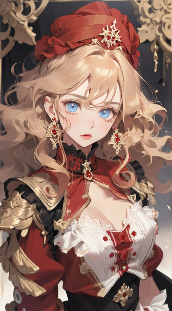 one-girl,Vivid eyes,golden hair,Wavy curly hair,Red pop dress,conservativelydressed,Red earrings,beautiful hair ornaments,𝓡𝓸𝓶𝓪𝓷𝓽𝓲𝓬,ellegance,young,Pop,Hyper-Resolution,accuracy,detail render,(Delicate facial portrayal)(Fine hair portrayal)(highest quality)(Master masterpieces)(High degree of completion)(a sense of atmosphere)tmasterpiece,ultra - detailed(half-body portrait)