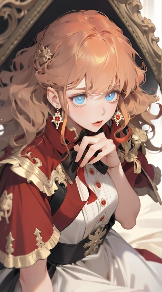 one-girl，Vivid eyes，golden hair，Wavy curly hair，Red pop dress，conservativelydressed，Red earrings，beautiful hair ornaments，𝓡𝓸𝓶𝓪𝓷𝓽𝓲𝓬，ellegance，young，Pop，Hyper-Resolution，accuracy，detail render，（Delicate facial portrayal）（Fine hair portrayal）（highest  quality）（Master masterpieces）（High degree of completion）（a sense of atmosphere）tmasterpiece，ultra - detailed（half-body portrait）