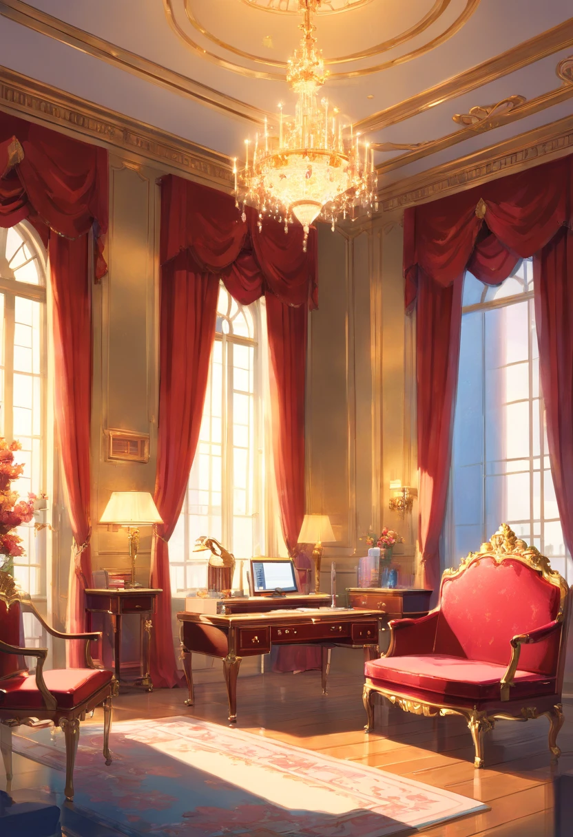 And now I felt a gentle push at the small of my back, and a tug at my hand, as if the room itself was inviting me in. “No--my shoes--” I began, but the push and the tug became firmer and I found myself stepping awkwardly across the threshold, onto the embroidered crimson velvet. The furniture was as grand as the room itself, carved and gilded and polished until it glowed in the sunlight streaming in the windows. There was an enormous bed on a dais, canopied in gold with a sheer white counterpane; the largest dressing-table I could imagine, covered with brushes and combs and cut-glass bottles of perfume and cosmetics; a writing-desk so elegant I could hardly imagine sitting at it; and rich golden velvet sofas and chairs scattered throughout the room, so that I could sit nearly anywhere if the mood suddenly struck me. I took another step into the room, my eyes wandering from the gorgeous walls to the magnificent furniture to the lofty ceiling hung with crystal chandeliers--the room was so large it needed five of them.