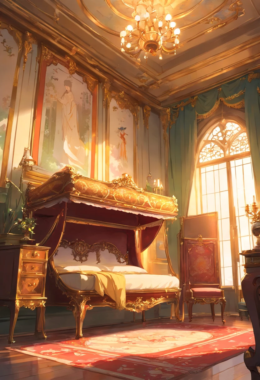 And now I felt a gentle push at the small of my back, and a tug at my hand, as if the room itself was inviting me in. “No--my shoes--” I began, but the push and the tug became firmer and I found myself stepping awkwardly across the threshold, onto the embroidered crimson velvet. The furniture was as grand as the room itself, carved and gilded and polished until it glowed in the sunlight streaming in the windows. There was an enormous bed on a dais, canopied in gold with a sheer white counterpane; the largest dressing-table I could imagine, covered with brushes and combs and cut-glass bottles of perfume and cosmetics; a writing-desk so elegant I could hardly imagine sitting at it; and rich golden velvet sofas and chairs scattered throughout the room, so that I could sit nearly anywhere if the mood suddenly struck me. I took another step into the room, my eyes wandering from the gorgeous walls to the magnificent furniture to the lofty ceiling hung with crystal chandeliers--the room was so large it needed five of them.
