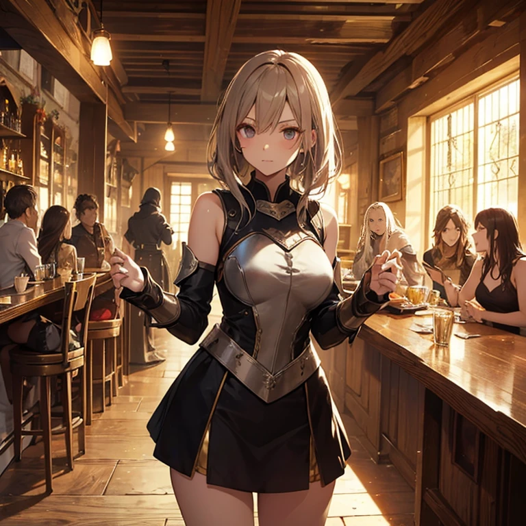 A group of female medieval fantasy adventurers, (in tavern), various hair styles, harem, night, details face, short skirt, seducing, sleeveless, armor