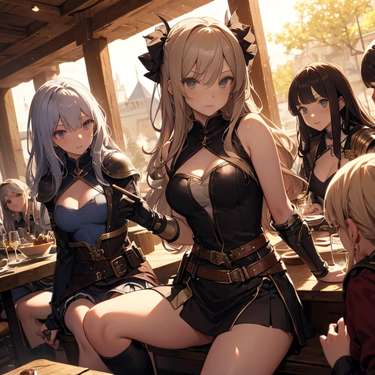 A group of female medieval fantasy adventurers, (in tavern), various hair styles, harem, night, details face, short skirt, seducing, sleeveless, armor