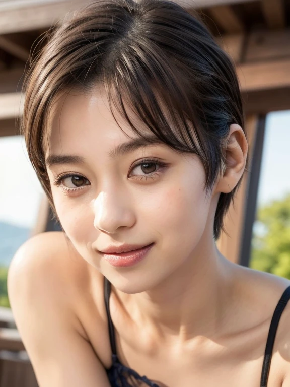 1 girl、Japan 10-year-old、(Close-up photo of face from bottom front、Small breasts、:1.4) 、(forward leaning posture:1.2)、(Pixie Cut、Showing his forehead:1.4)、Beautiful face exposed、Watching the audience、Smiling、Plain blue bikini、非常にDetailed eyesと顔, Detailed nose, Detailed eyes, Shiny skin, masterpiece, Ultra-high resolution, 8k, RAW Photo, highest quality, Detailed Shadows, wonderful, Fine details, (Bokeh: 0.5), Beautiful lighting on the face, blue sky