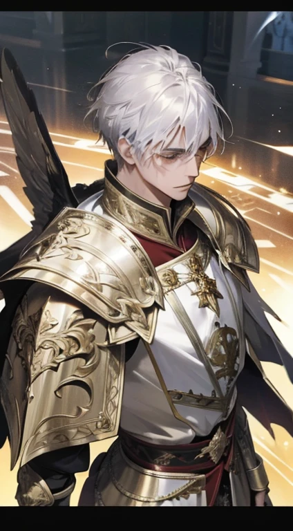 A man, silver hair, gold Eagle knight, fine armor, intricate design, red details, silk, cinematic lighting, 4k, floating hair, sharp, prism, shining knight