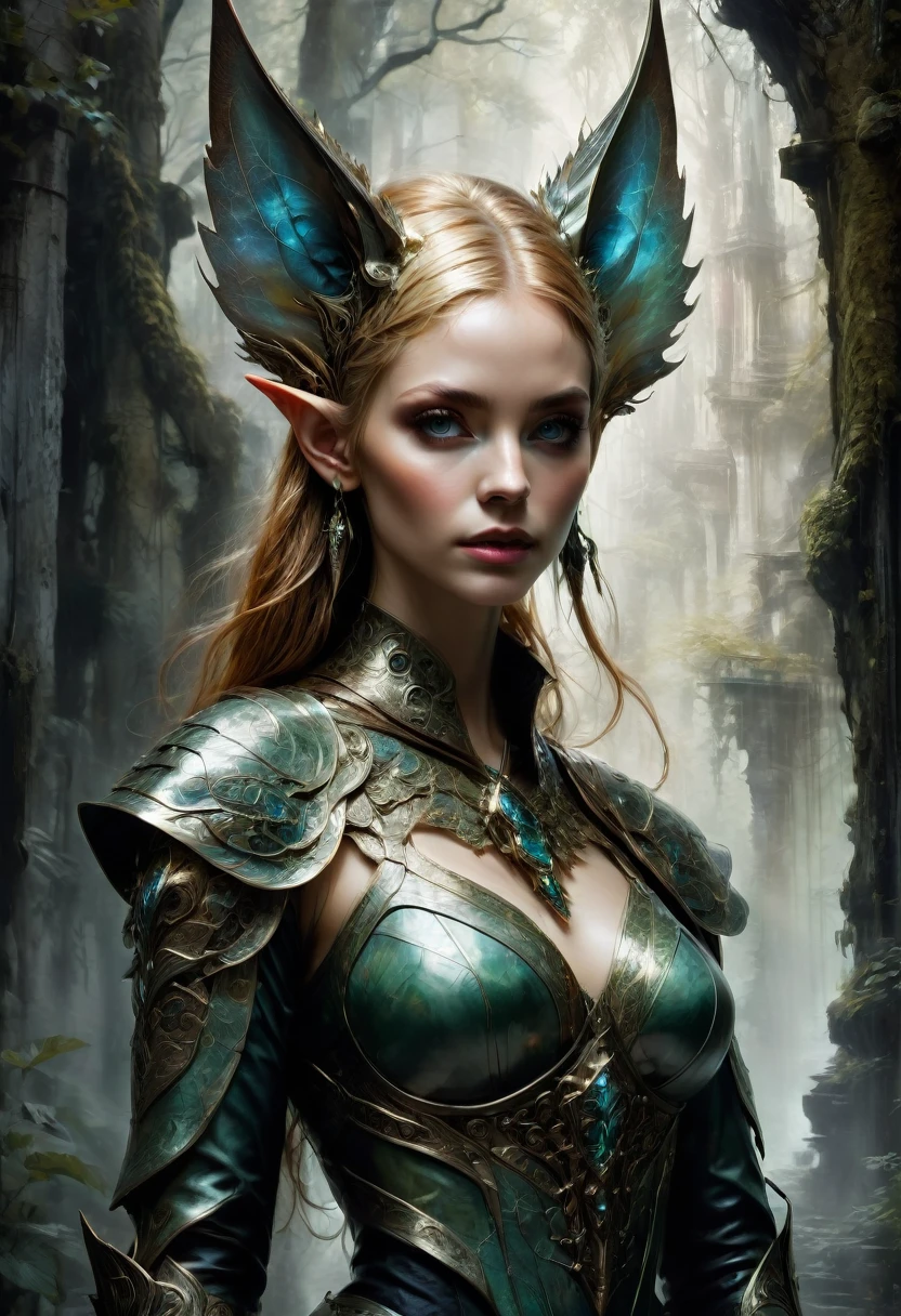 (Elf, Pointed Ears, fullbody:1.4), detailed background, by Jarek Kubicki, best quality, masterpiece, very aesthetic, perfect composition, intricate details, ultra-detailed