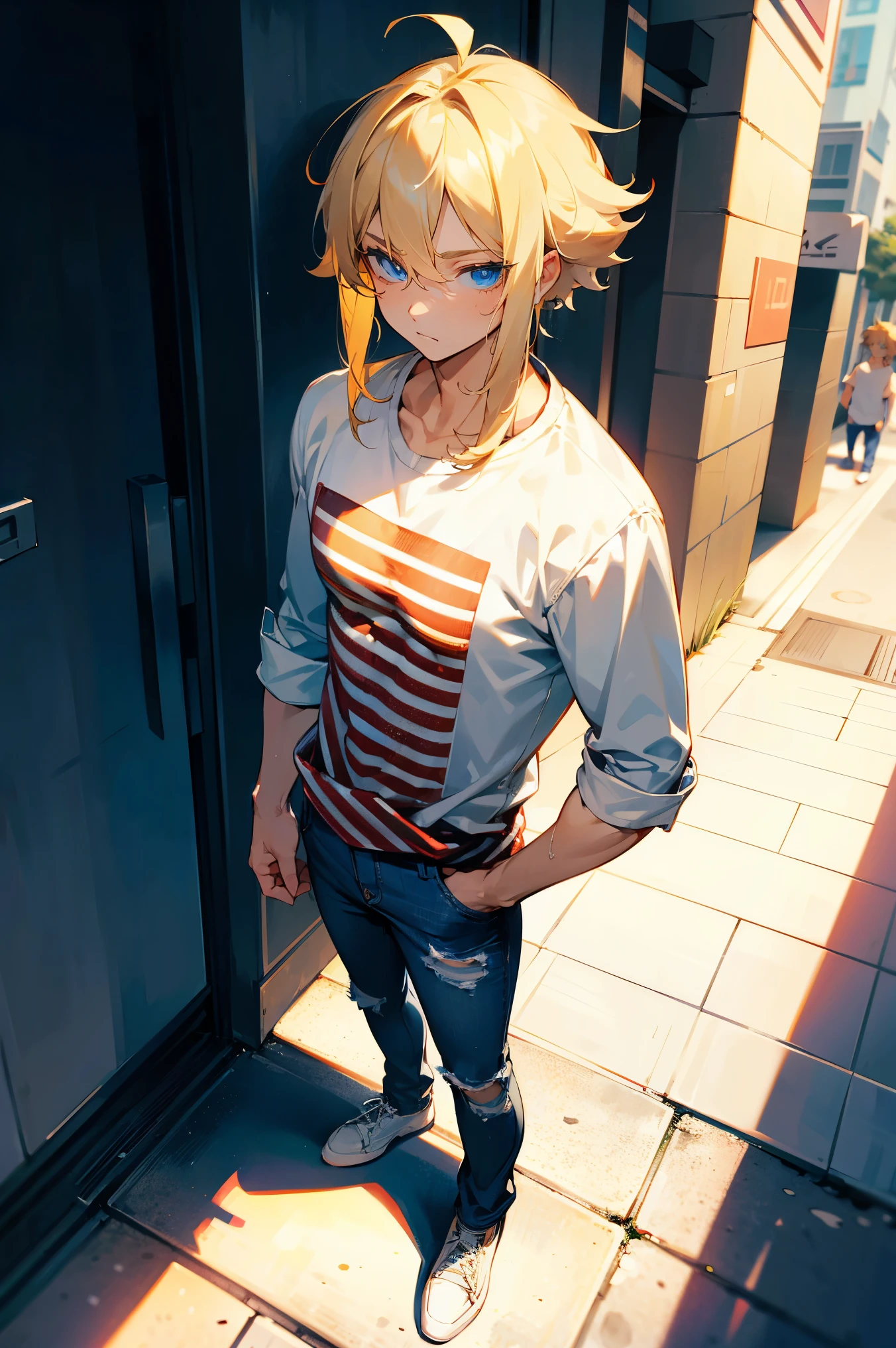 1male , Blonde Hair , Muscular , USA Shirt , Blue Jeans , Blue Eyes , Standing on sidewalk of modern city , Masterpiee Quality , Perfect Generation , Calm Expression , Two Long Bangs , Messy Hair