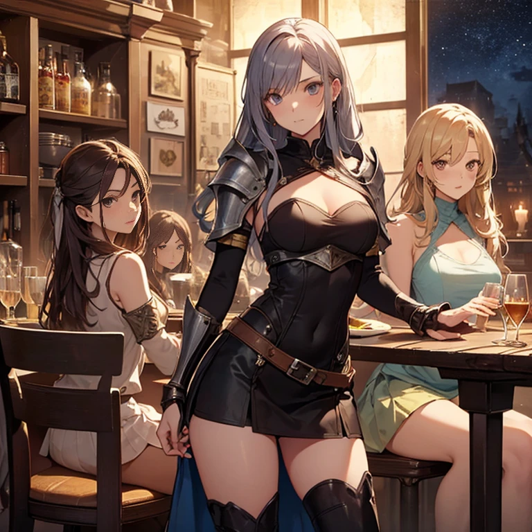 A group of  female medieval fantasy adventurers, (in tavern), various hair styles, harem, night, details face, short skirt, seducing, sleeveless, armor 