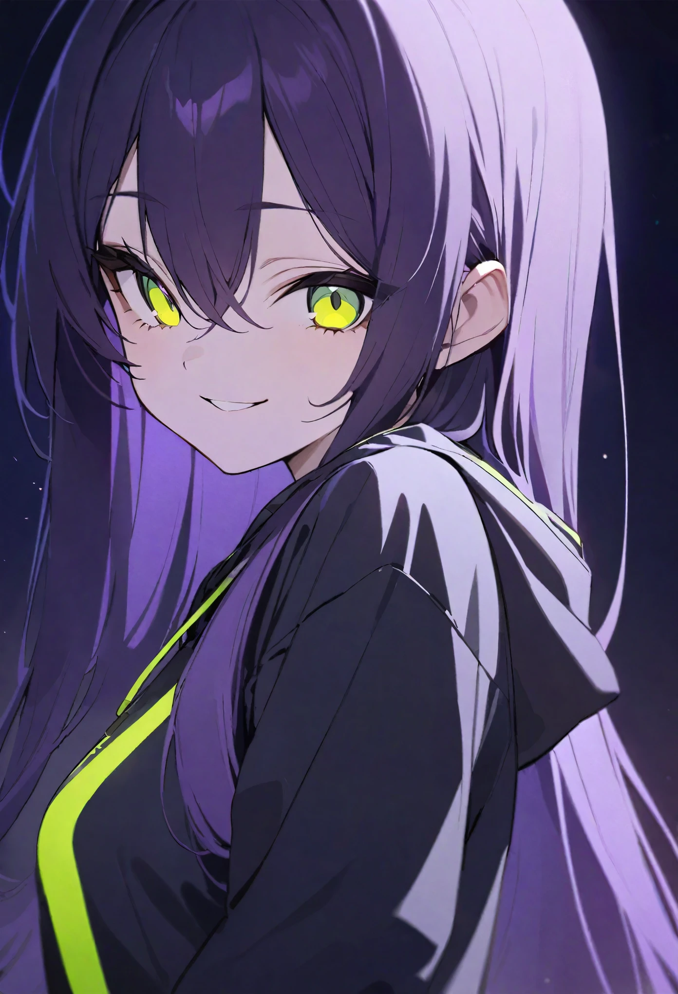 highest quality, masterpiece,Black dark blue hair, Fluorescent yellow-green eyes,Big Eyes,Black clothes, Long sleeve、Black anorak parka、Front angle、Gazing at the audience、Upper Body,hair,Fair skin,長いhair、Purple hair tips、highest quality、最高masterpiece、smile、Long Hair、Purple hair tips、Solid black clothing、Night sky background、Dark Background、Perfect Face、Cute Face