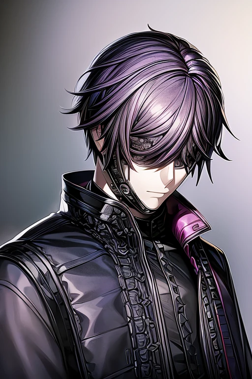 (masterpiece, best quality, perfect face, expressive eyes), 1boy, (anime), (adult),  short purple hair, alexandrite jewelry, (decorated black coat), purple vest, intricate details, mask, black hood, black cloak,