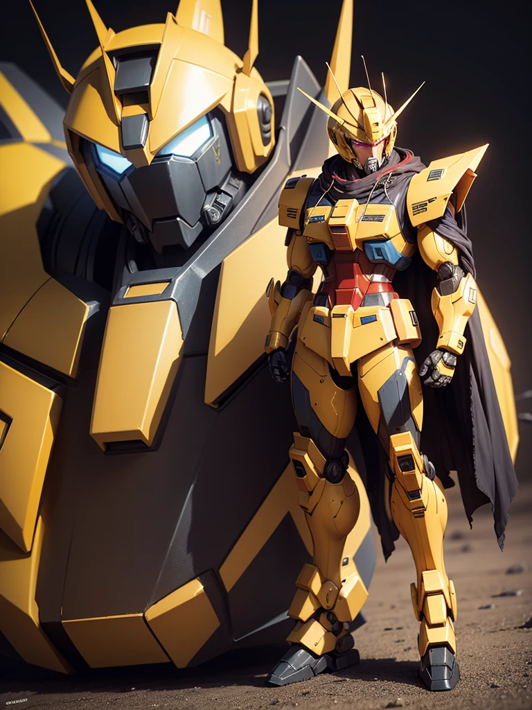 Gundam robot man. Full body. Black and yellow, combat robot
