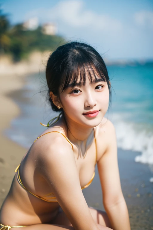 (best quality), master piece, (30mm lens, f/2.8) , (Bright light:1.2), (Improvement of quality:1.4), Japanese, 1 girl, 18-year-old girl, well rounded:1.3, cute, ((plump lips:1.4,plump chin:1.3, plump cheeks)) , (Enhances the body line:1.0), (Enhances the beauty of skin texture:1.1), bikini : slingshot, full body, beach, shore