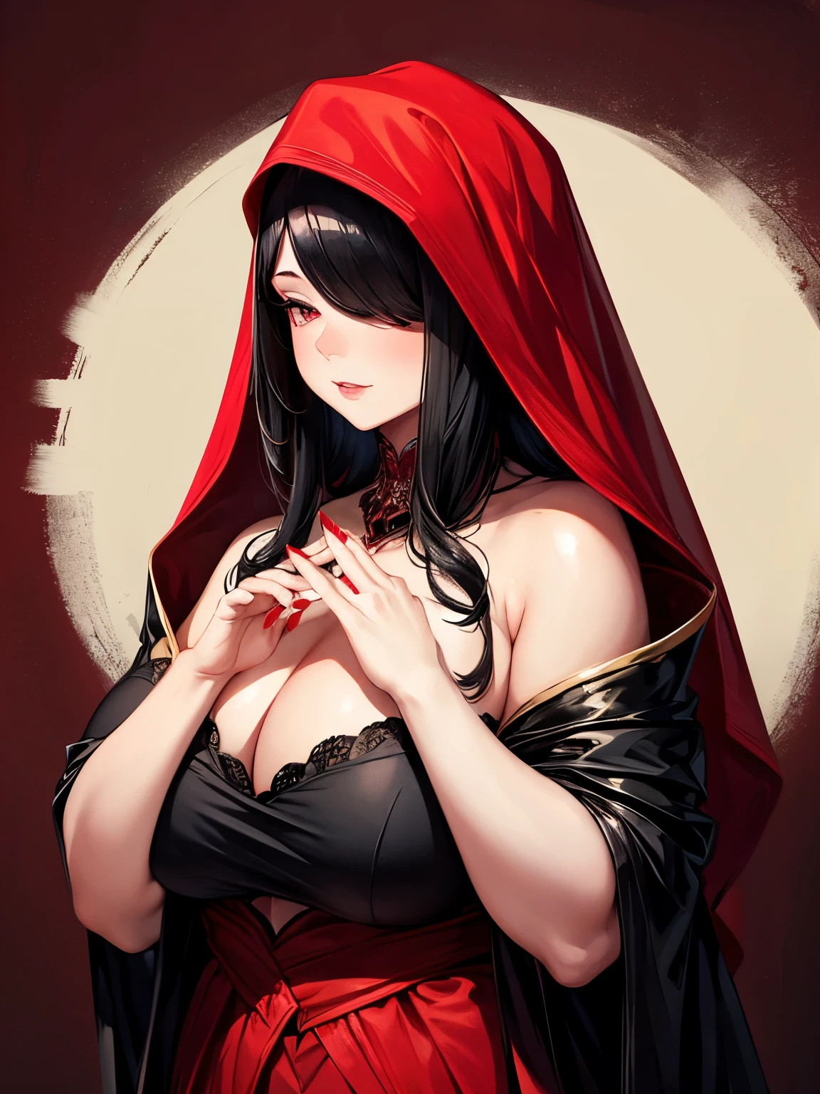 An elegant chubby woman, wearing a red veil covering her eyes, places her fingers on her lips, symbolizing silence. Her nails were long and painted bright red. The background is solid black 