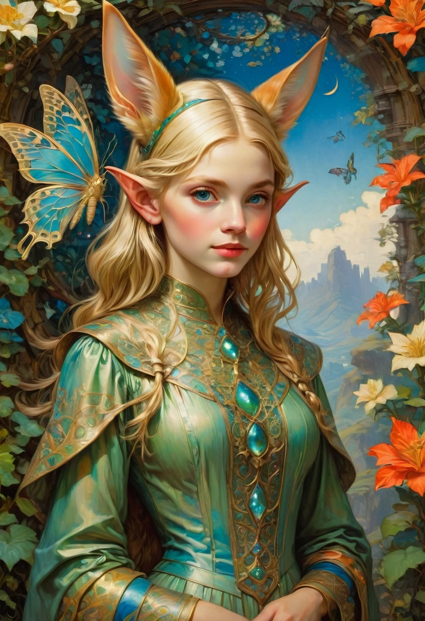 (Elf, Pointed Ears, fullbody:1.4), detailed background, by Jessie Willcox Smith and Sophie Anderson, best quality, masterpiece, very aesthetic, perfect composition, intricate details, ultra-detailed