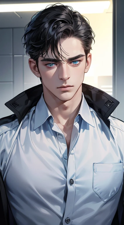 (best quality, masterpiece, 8K, photorealistic, cinematic lighting, 1:4 hdr image, ultra detailed, beautiful image), a mature man, 34 years very handsome, ((cold expression)), short black hair, blue eyes, face perfect without mistakes, ((buttoning his jacket, CEO))