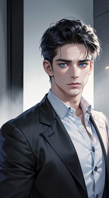 (best quality, masterpiece, 8K, photorealistic, cinematic lighting, 1:4 hdr image, ultra detailed, beautiful image), a mature man, 34 years very handsome, ((cold expression)), short black hair, blue eyes, face perfect without mistakes, ((buttoning his jacket, CEO))