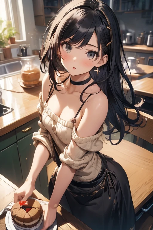 (small breasts:1.3), (perky chest:1.1), (pointed chest:1.0), (Pudding cake magazine cover:1.3),(from above:1.0),(from side:0.9),masterpiece, 1girl, Amazing Cleavage:1.1, thin waist, big ass, Raised sexy, small breast: 1.3, posed cleavage:1.2、solo, looking at viewer, open mouth, have a cute grass of cute beergrass,black hair, dark green eyes, dress, bare shoulders, jewelry, collarbone, sidelocks, hairband, earrings, indoors, off shoulder, :o, sweater, arms behind back, plant, short hair with long locks, gild hairband, off-shoulder dress, sweater dress, off-shoulder sweater, red sweater, dark gord hair, big side hair, very long side hair,is rendered in (masterpiece: 1.2, best quality), with (ultra high resolution) and an exquisite (depth of field). This masterpiece is not only visually stunning but also tells,A scene of cooking in the kitchen by classroom