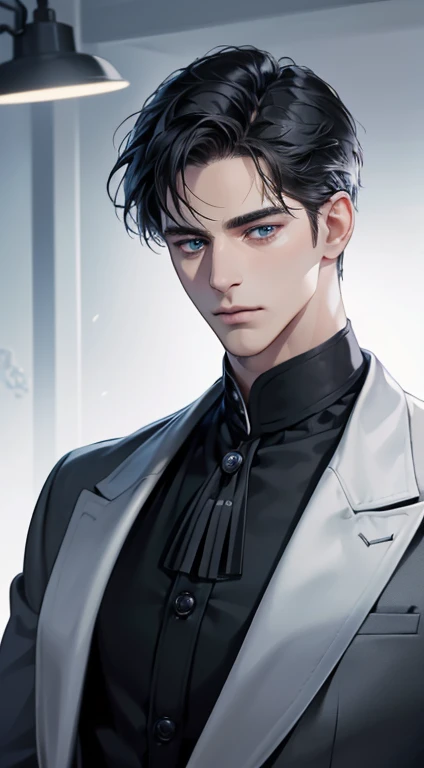 (best quality, masterpiece, 8K, photorealistic, cinematic lighting, 1:4 hdr image, ultra detailed, beautiful image), a mature man, 34 years very handsome, ((cold expression)), short black hair, blue eyes, face perfect without mistakes, ((buttoning his jacket, CEO))